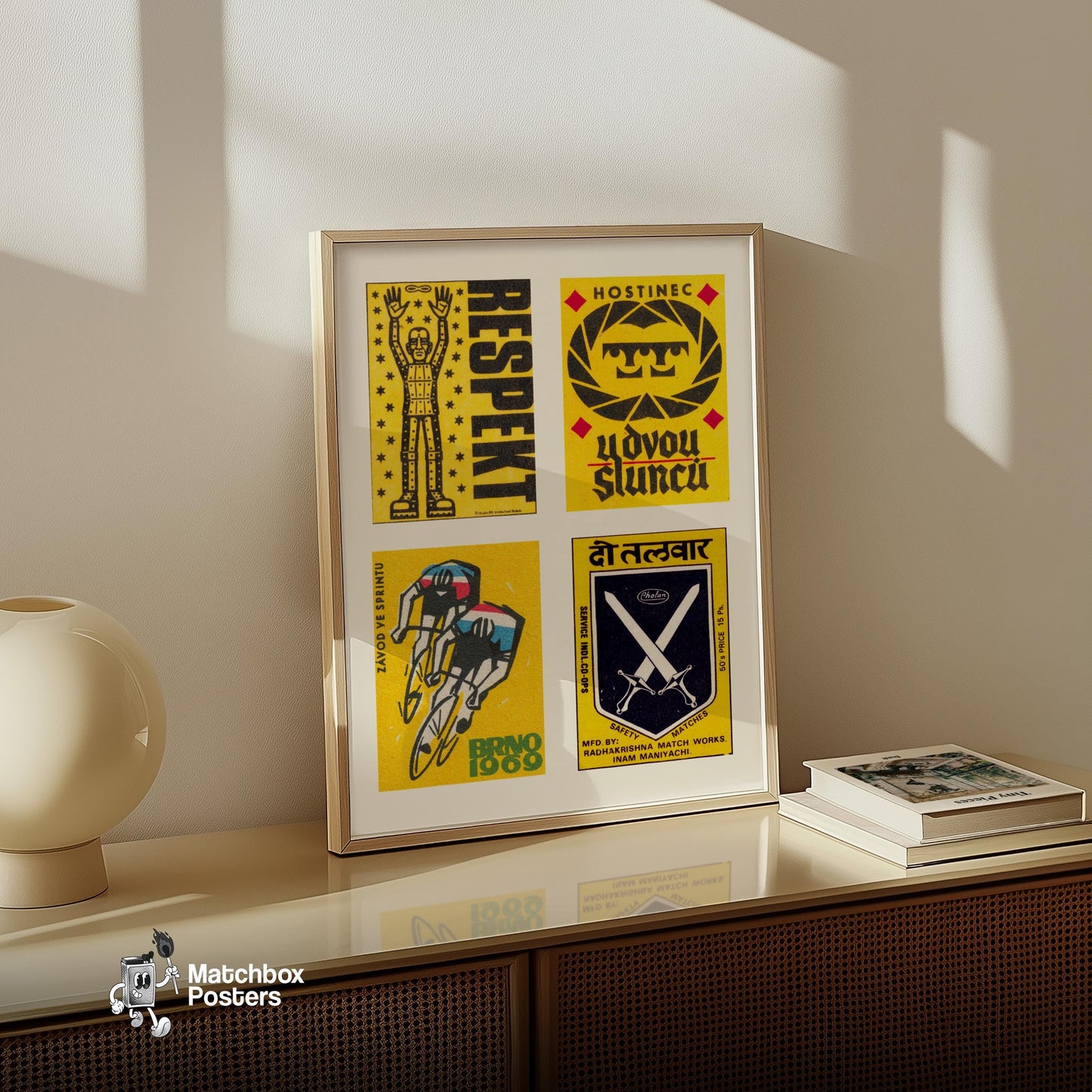Yellow & Blacks Grid Print - vintage matchbox label print - bedroom mockup