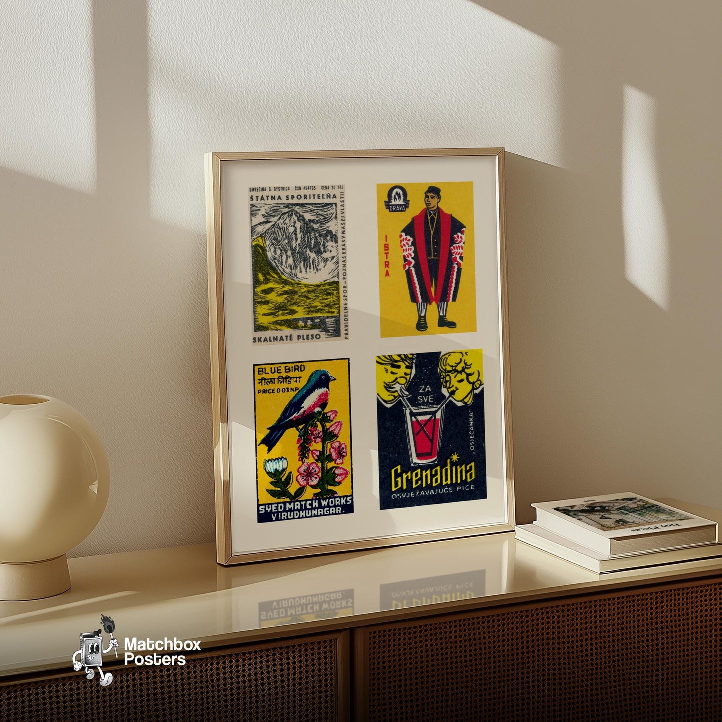 Yellow & Dark Blues Grid Print - vintage matchbox label print - bedroom mockup