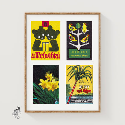 Yellow & Dark Greens Grid Print - vintage matchbox label print