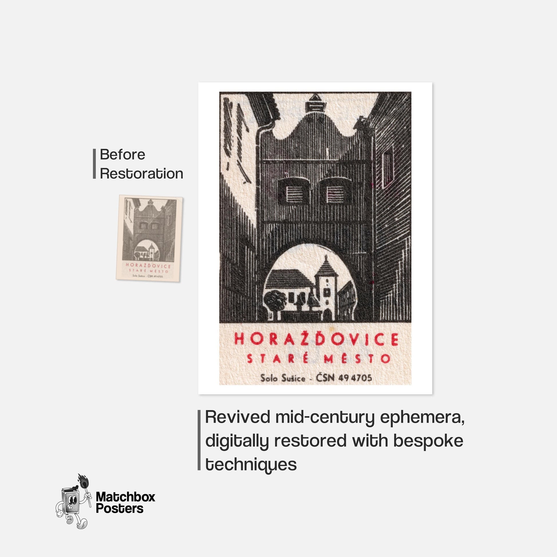 Horazdovice Old Town - vintage matchbox label print - framed wall art preview