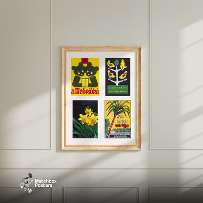 Yellow & Dark Greens Grid Print - vintage matchbox label print - living room mockup