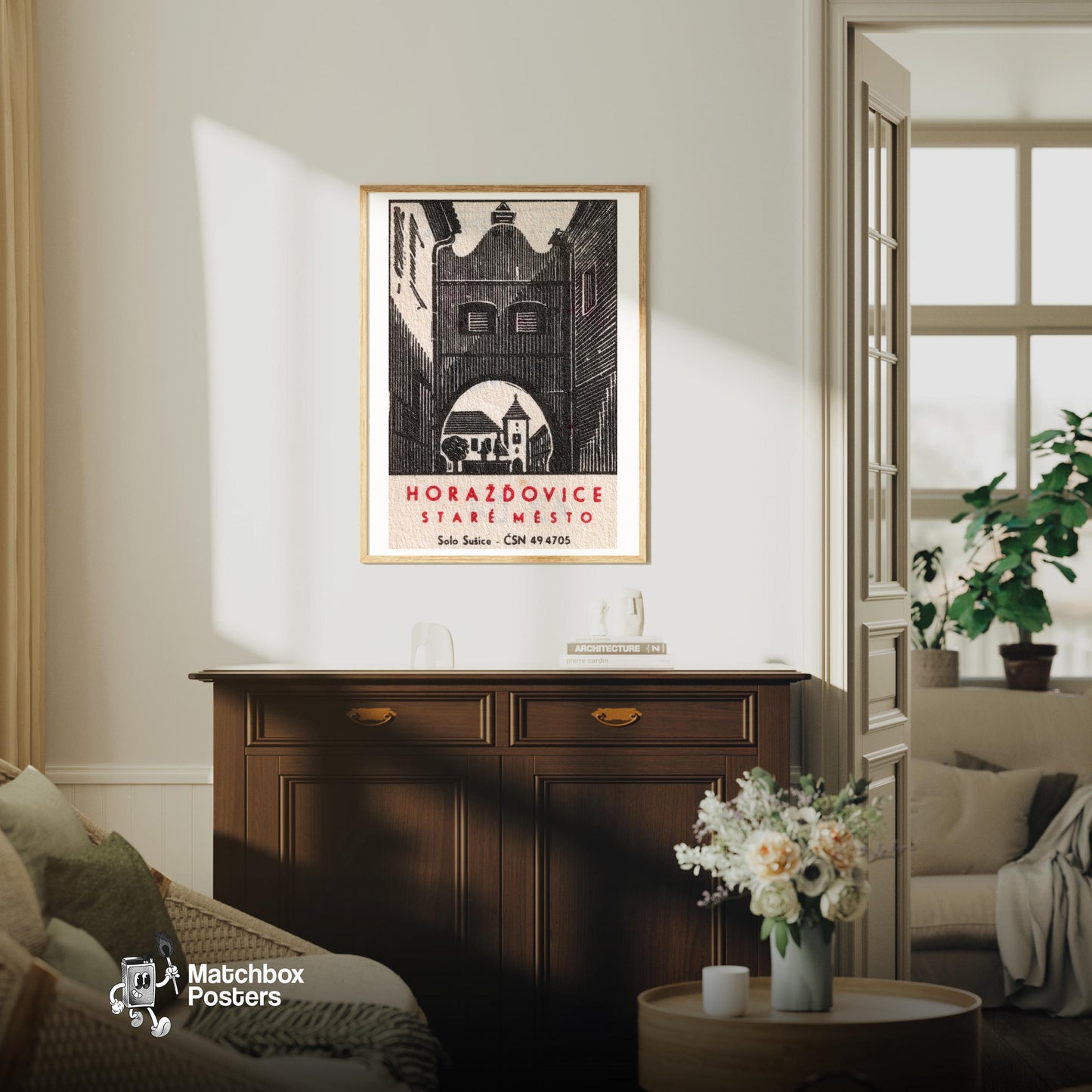 Horazdovice Old Town - vintage matchbox label print - living room mockup