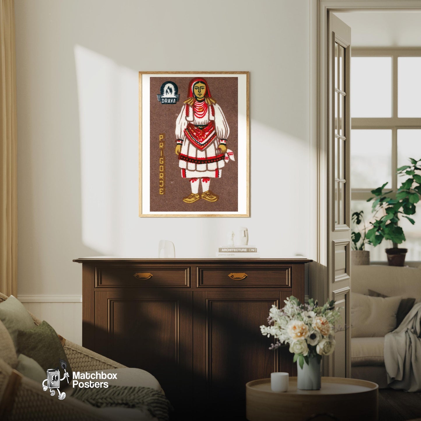 Prigorje Woman - vintage matchbox label print - living room mockup