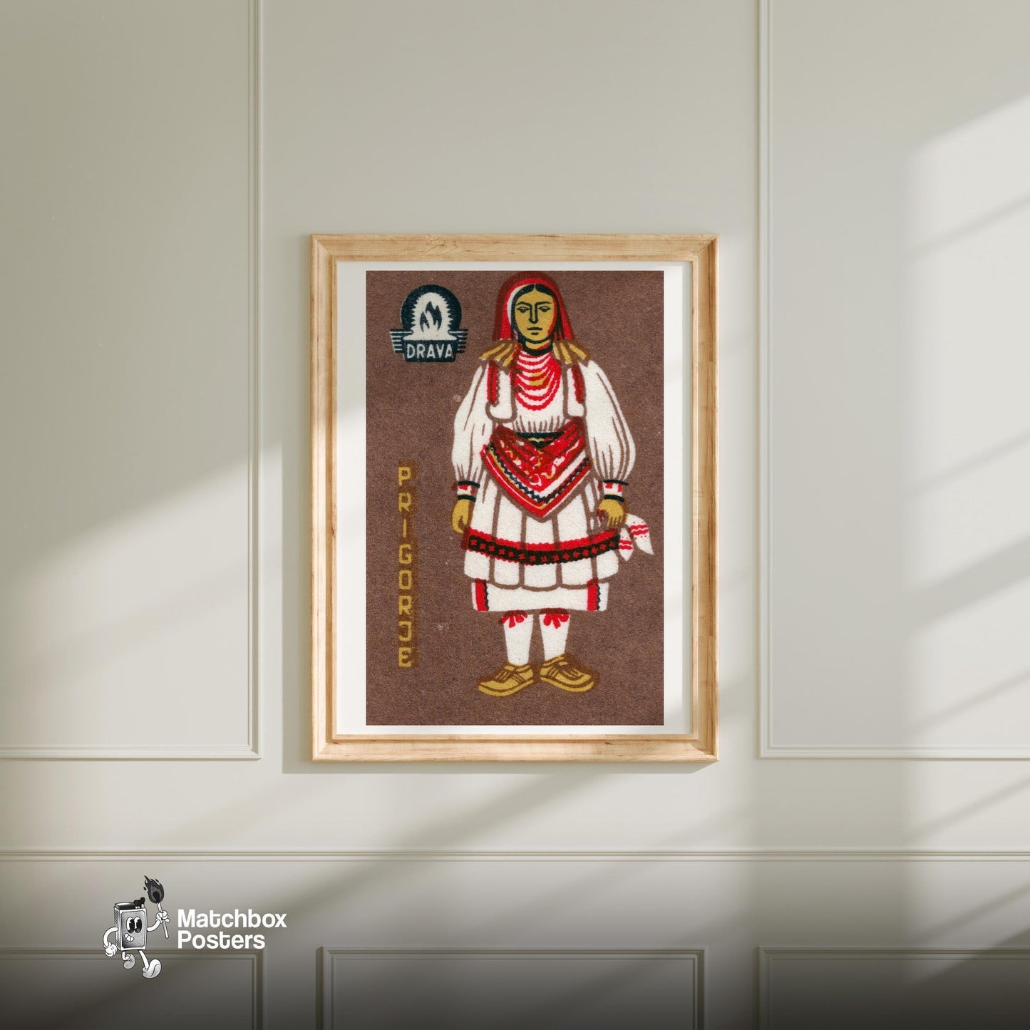 Prigorje Woman - vintage matchbox label print - bedroom mockup