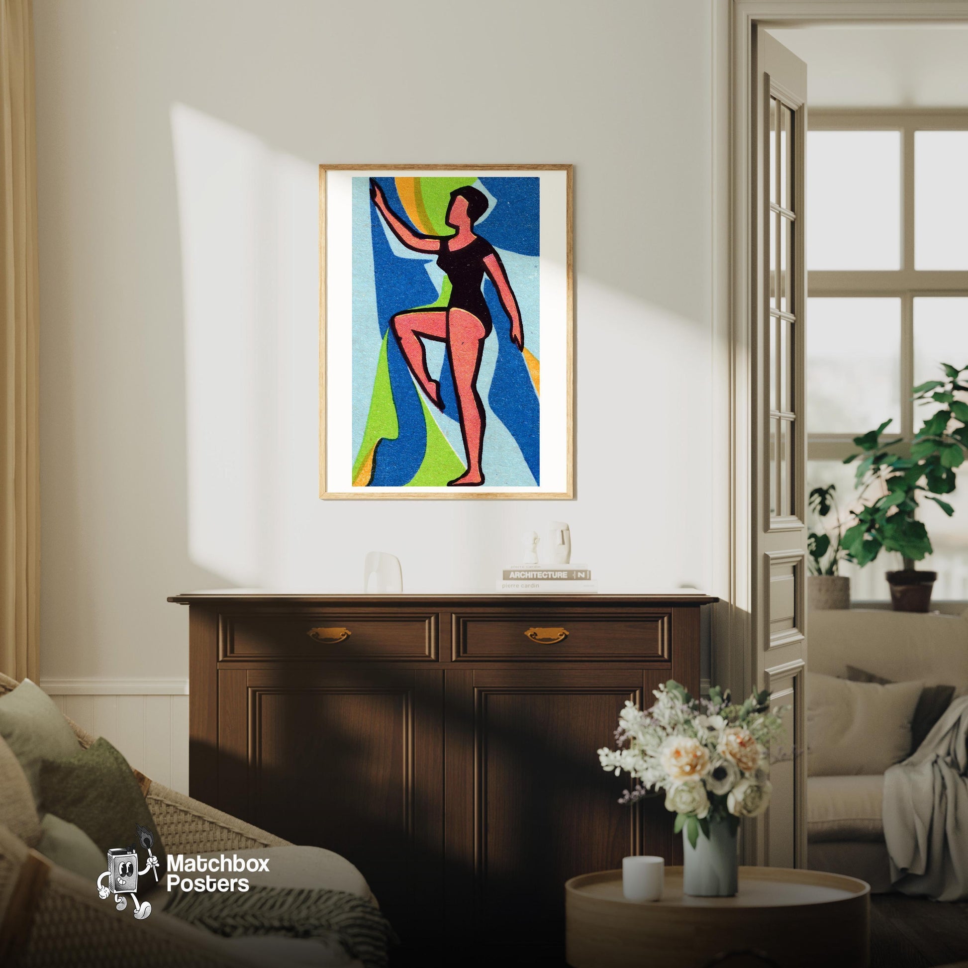 The Dancer - vintage matchbox label print - living room mockup