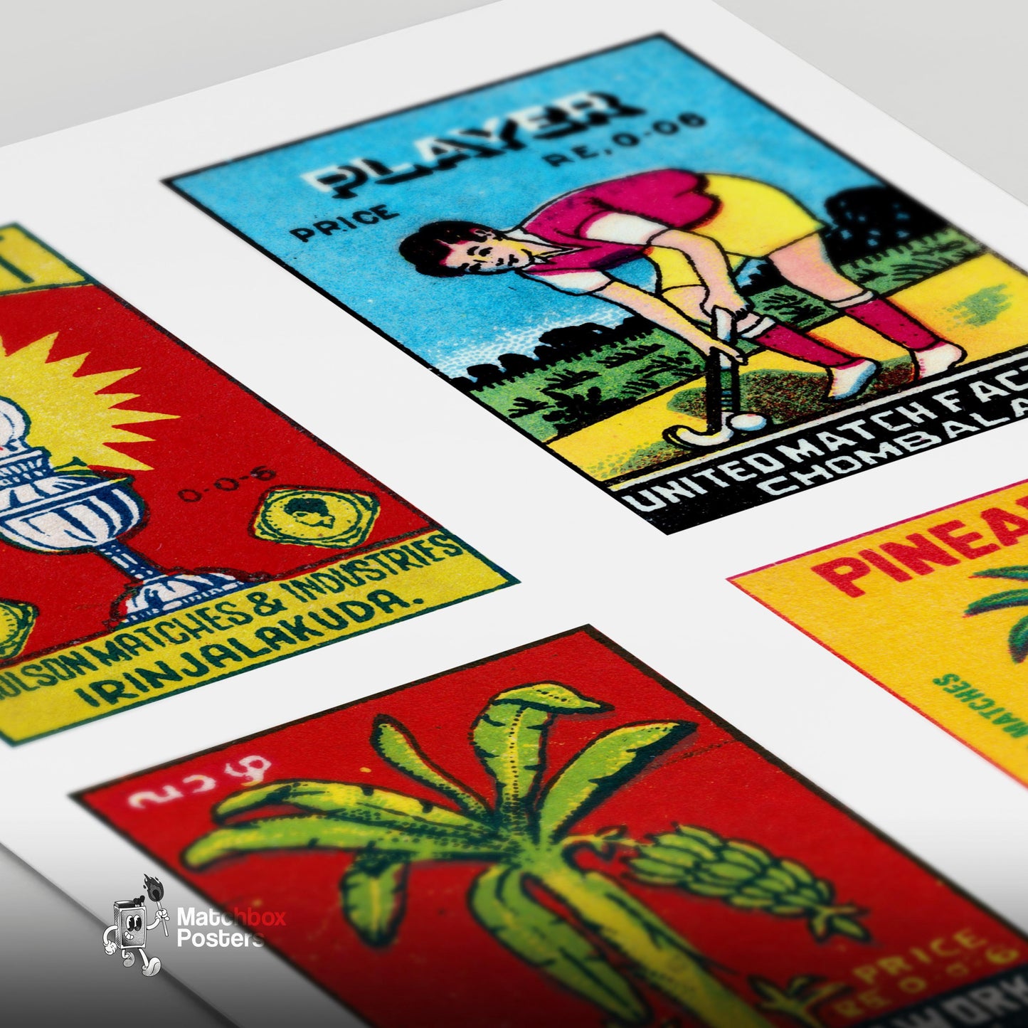 Malayalams Grid Print - vintage matchbox label print - close-up detail