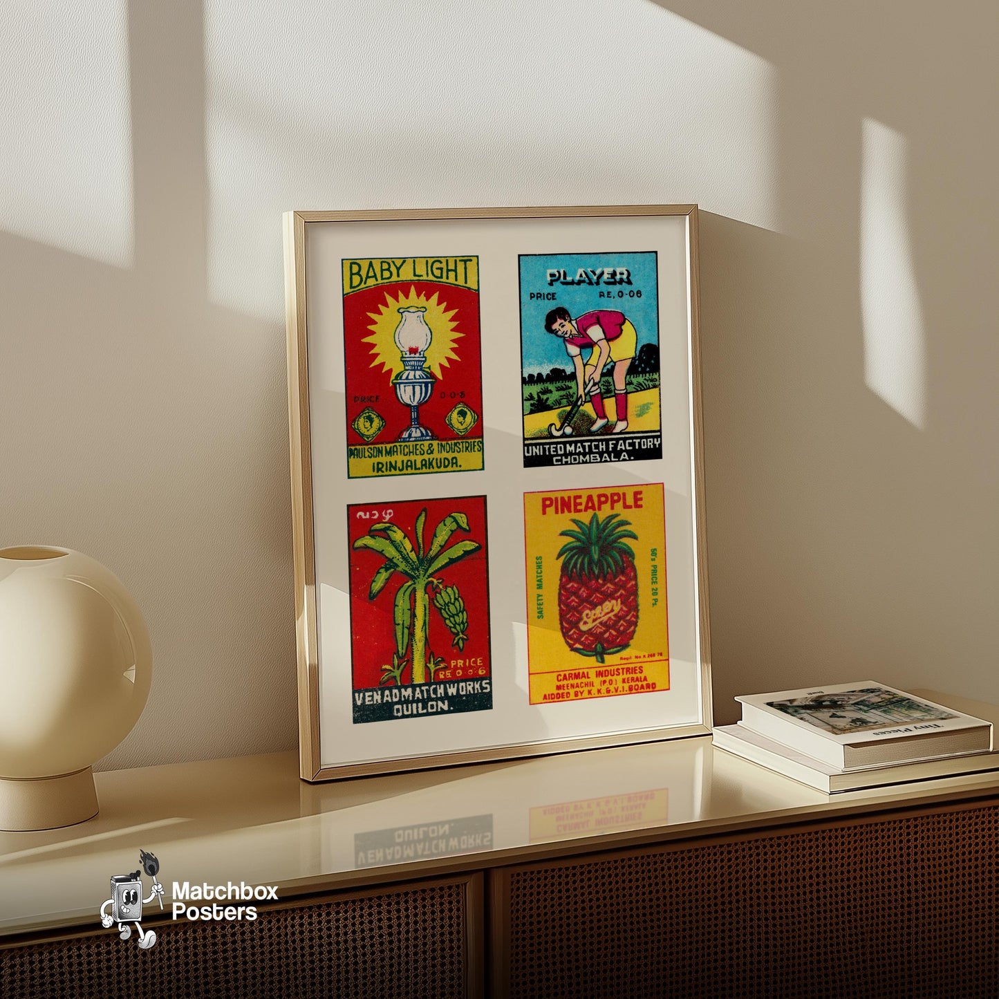 Malayalams Grid Print - vintage matchbox label print - bedroom mockup
