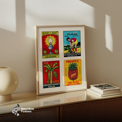 Malayalams Grid Print - vintage matchbox label print - bedroom mockup