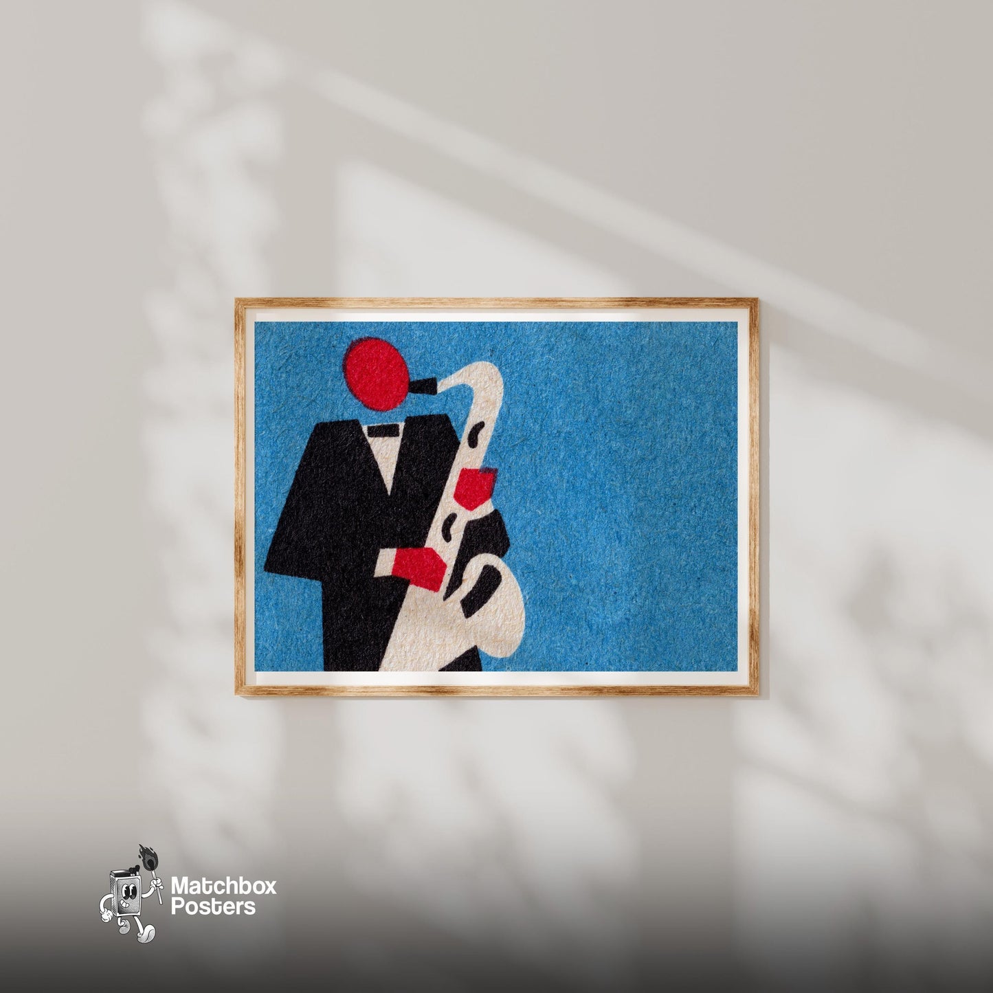 Saxophone Player - vintage matchbox label print - bedroom mockup