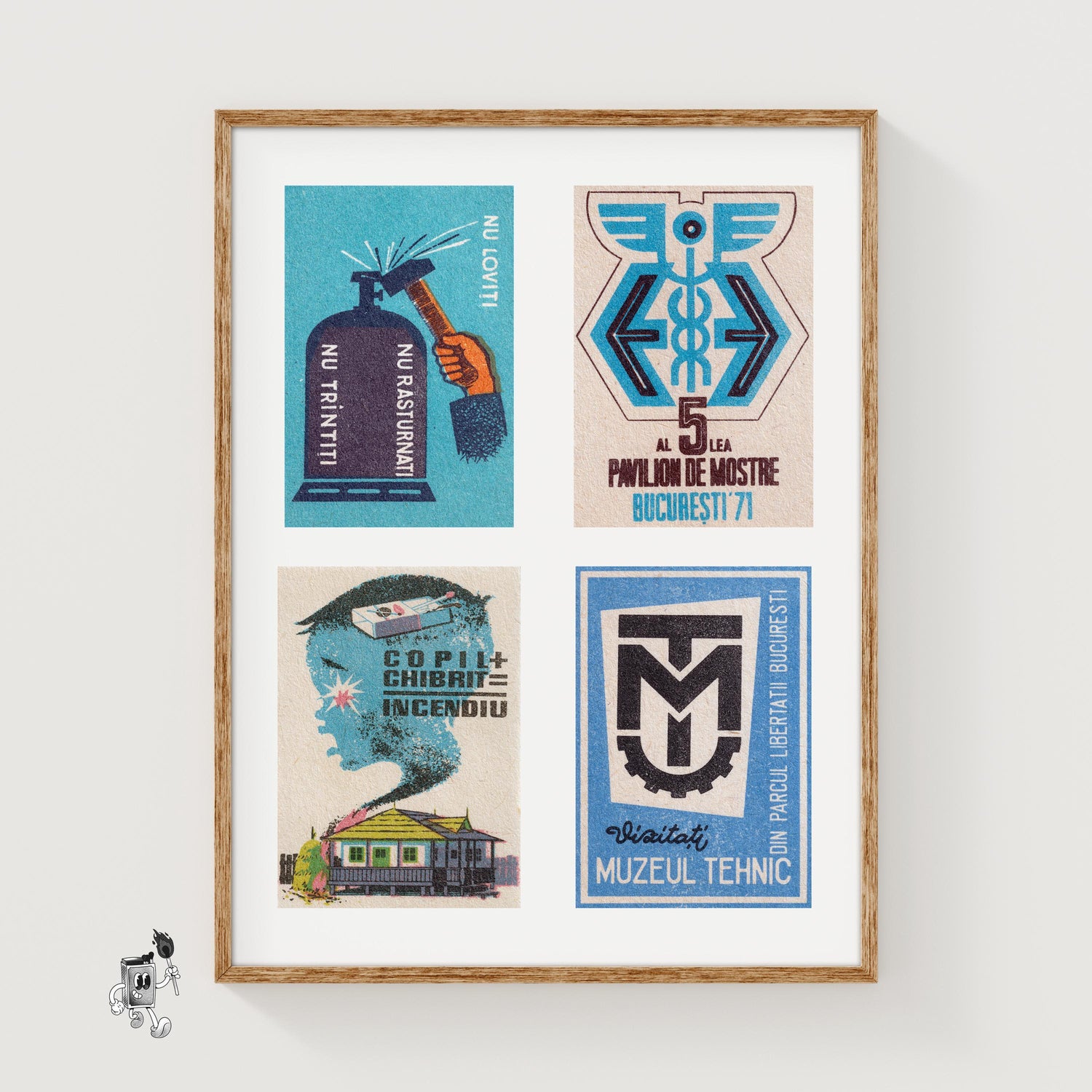 Blue Romanians Grid Print - vintage matchbox label print