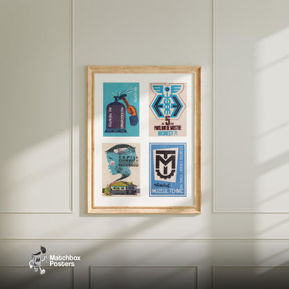 Blue Romanians Grid Print - vintage matchbox label print - living room mockup