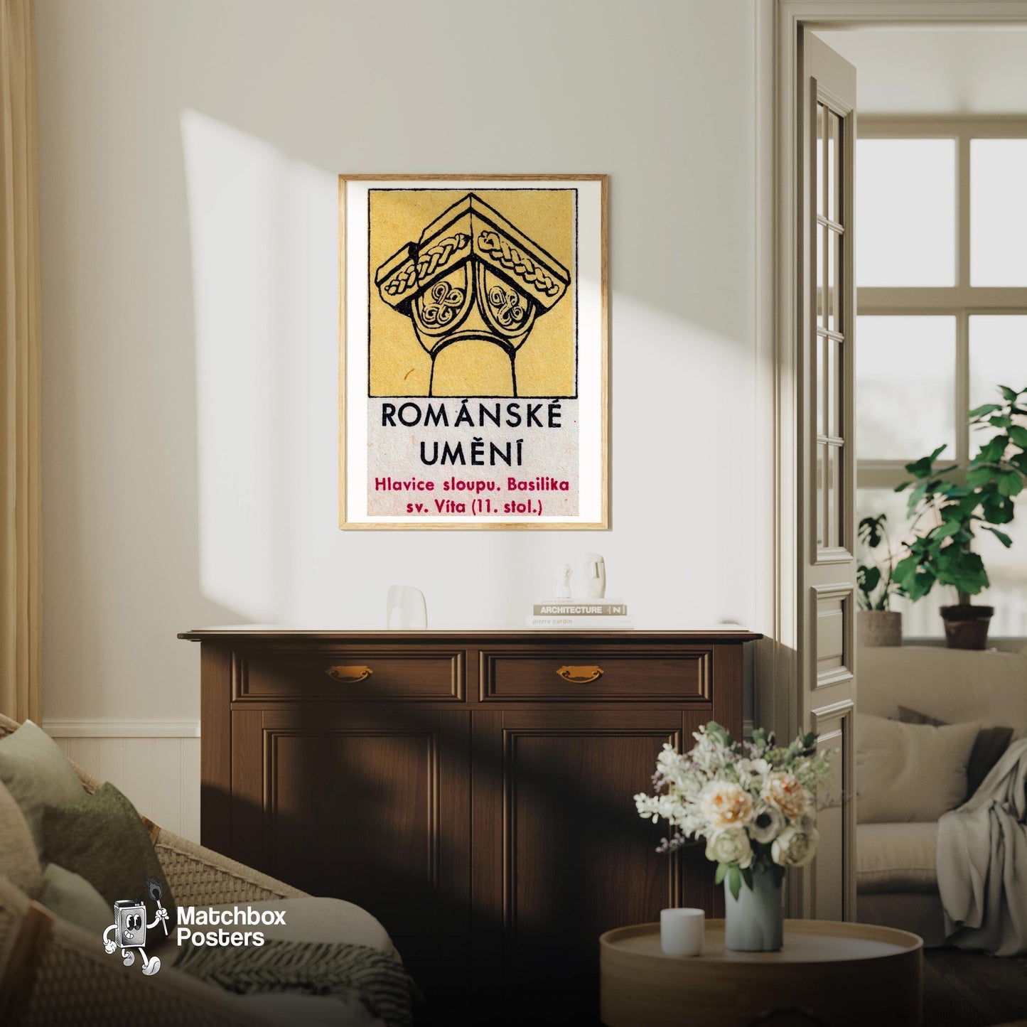 Romanesque Column - vintage matchbox label print - living room mockup