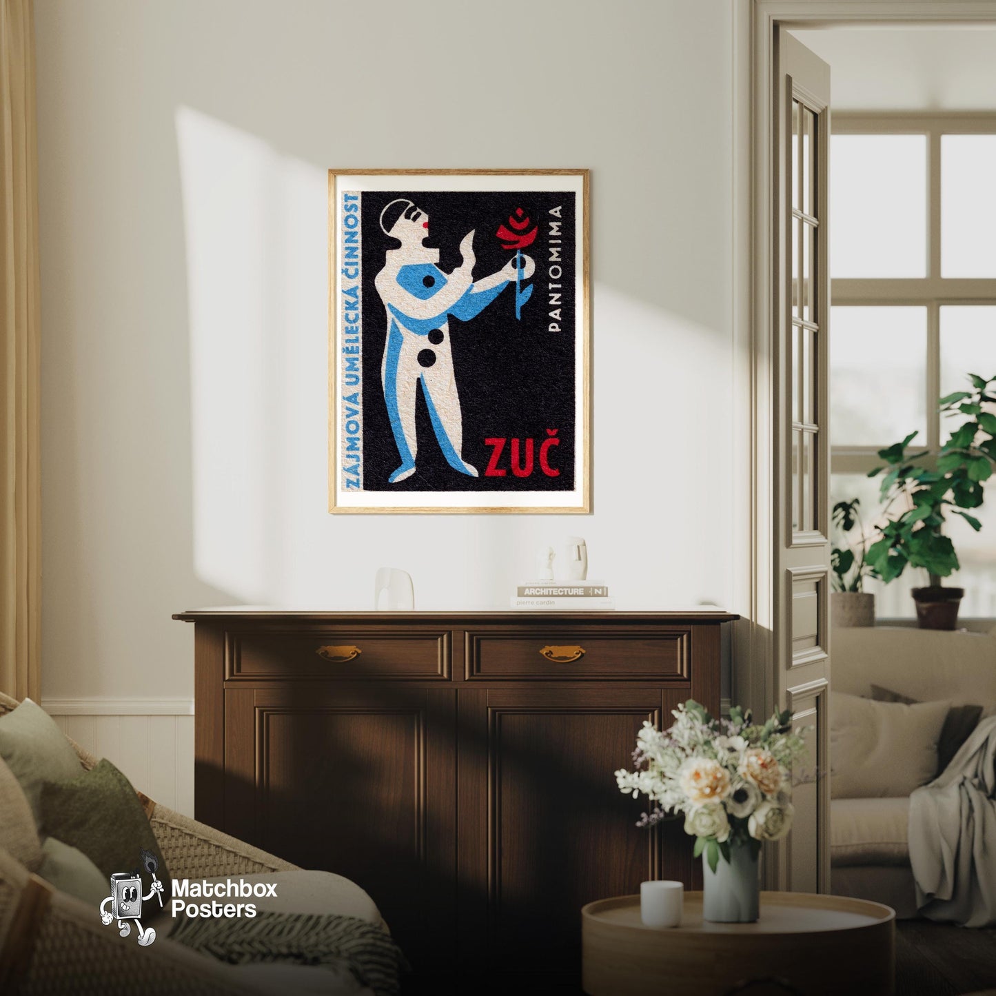 Pantomime Clown - vintage matchbox label print - living room mockup