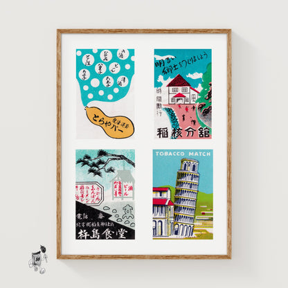 Turquoise Japaneses Grid Print - vintage matchbox label print