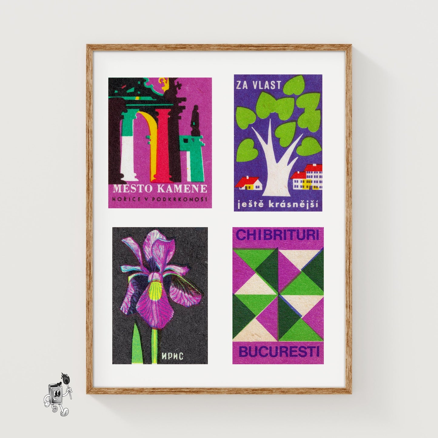 Purple & Greens Grid Print - vintage matchbox label print