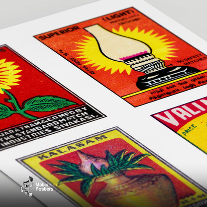 Red Tamils Grid Print - vintage matchbox label print - close-up detail
