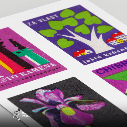 Purple & Greens Grid Print - vintage matchbox label print - close-up detail