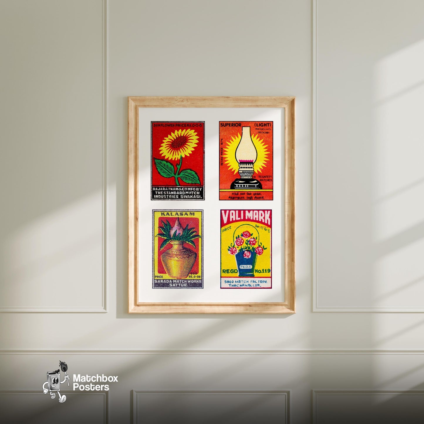 Red Tamils Grid Print - vintage matchbox label print - living room mockup