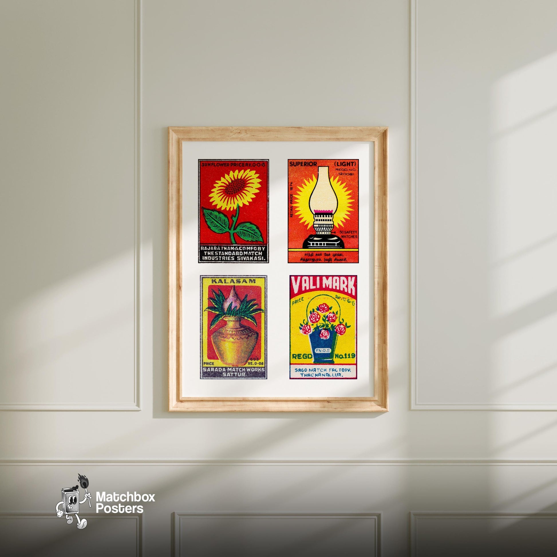 Red Tamils Grid Print - vintage matchbox label print - living room mockup