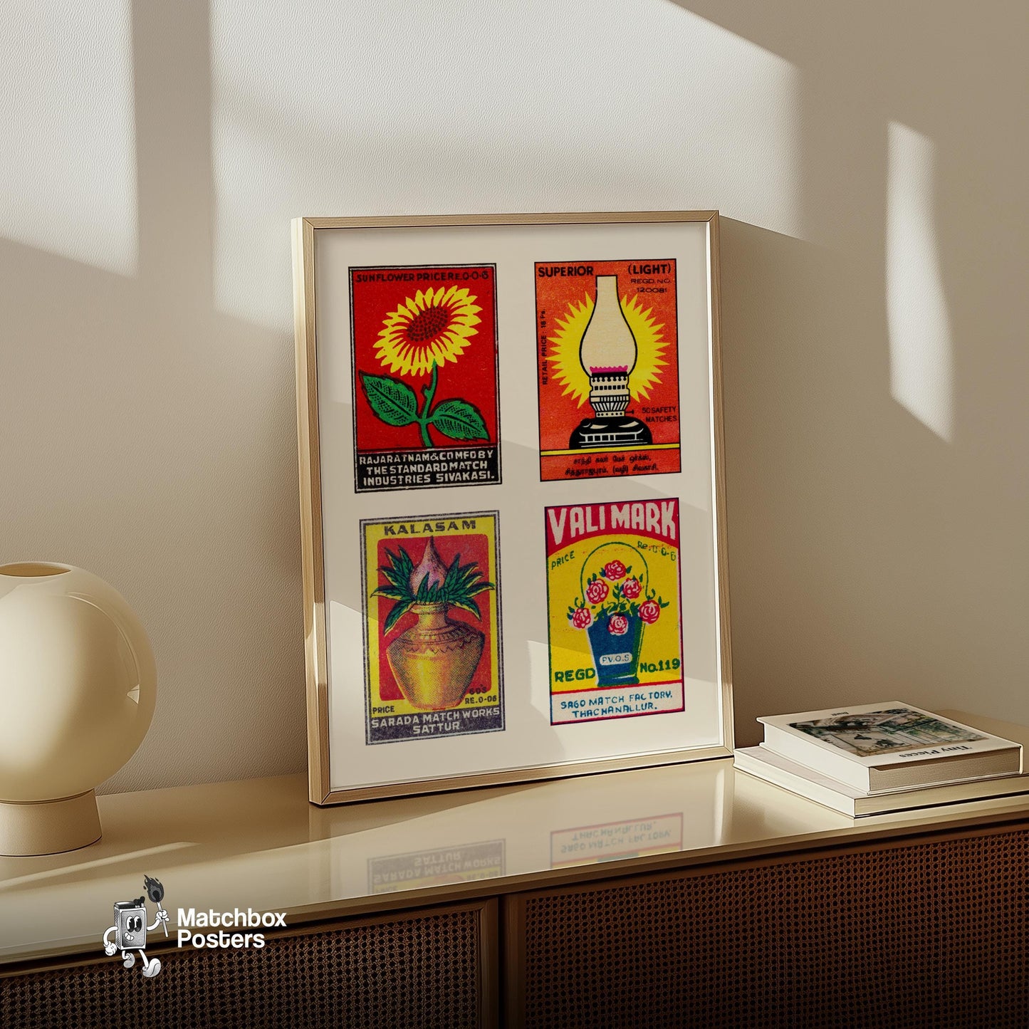 Red Tamils Grid Print - vintage matchbox label print - bedroom mockup