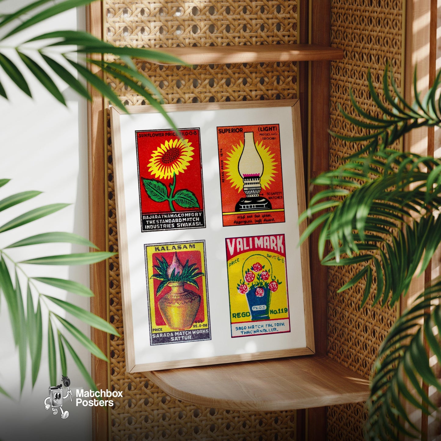 Red Tamils Grid Print - vintage matchbox label print - size comparison