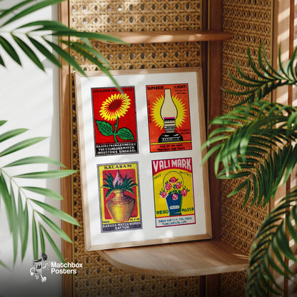 Red Tamils Grid Print - vintage matchbox label print - size comparison