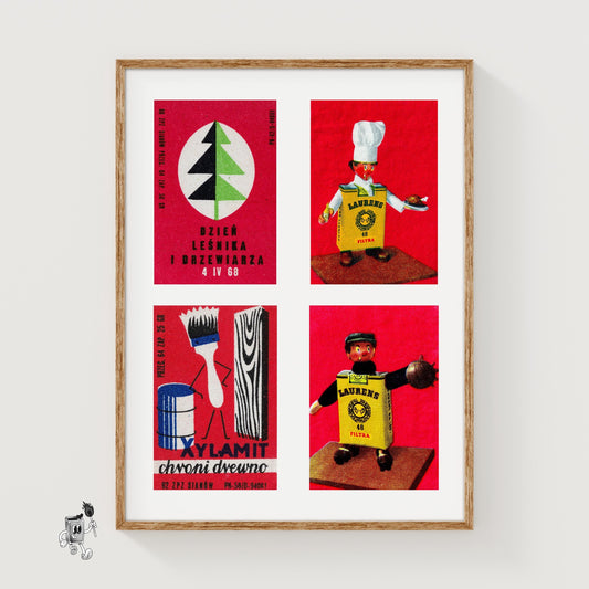 Red Polishs Grid Print - vintage matchbox label print