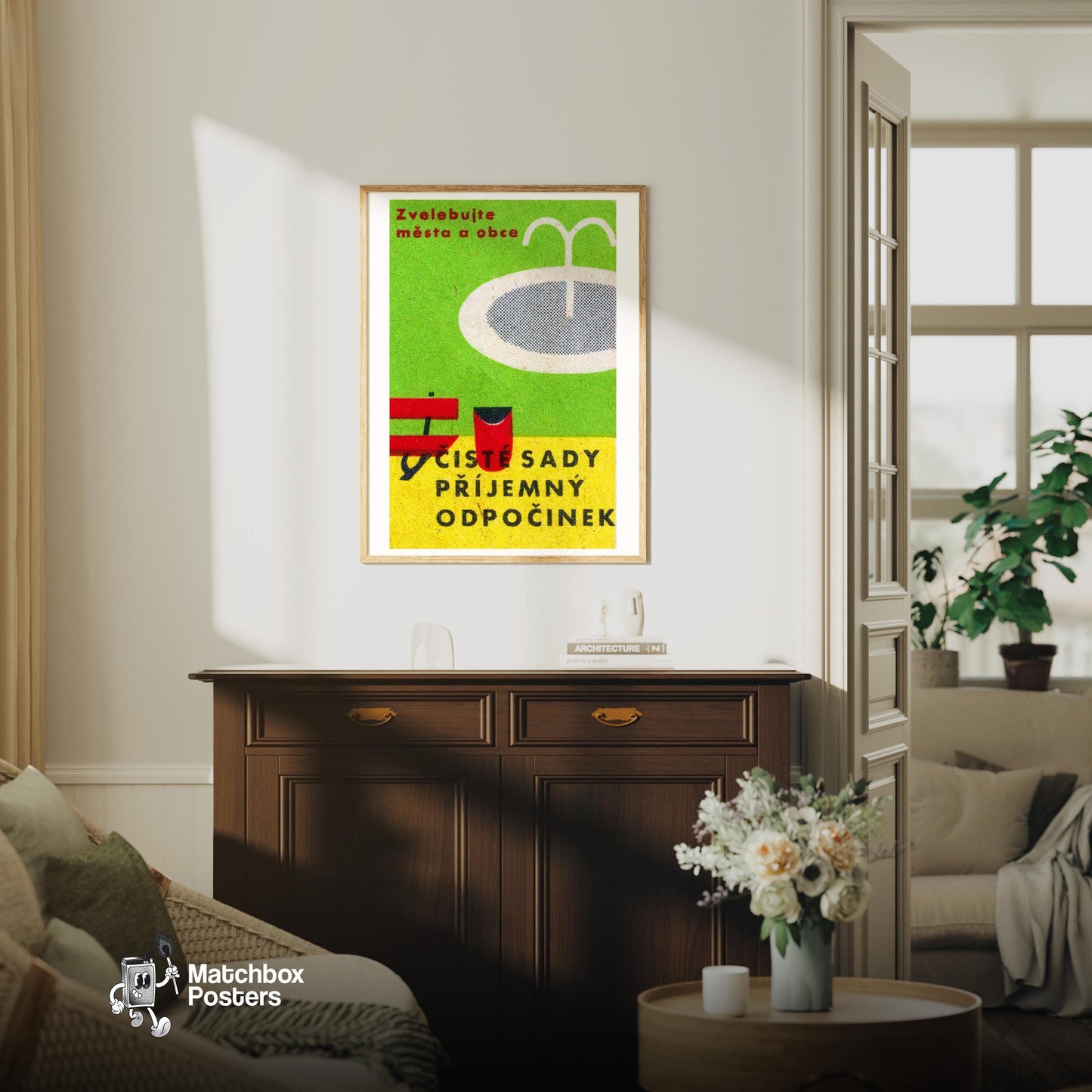 Geometric Shapes - vintage matchbox label print - living room mockup