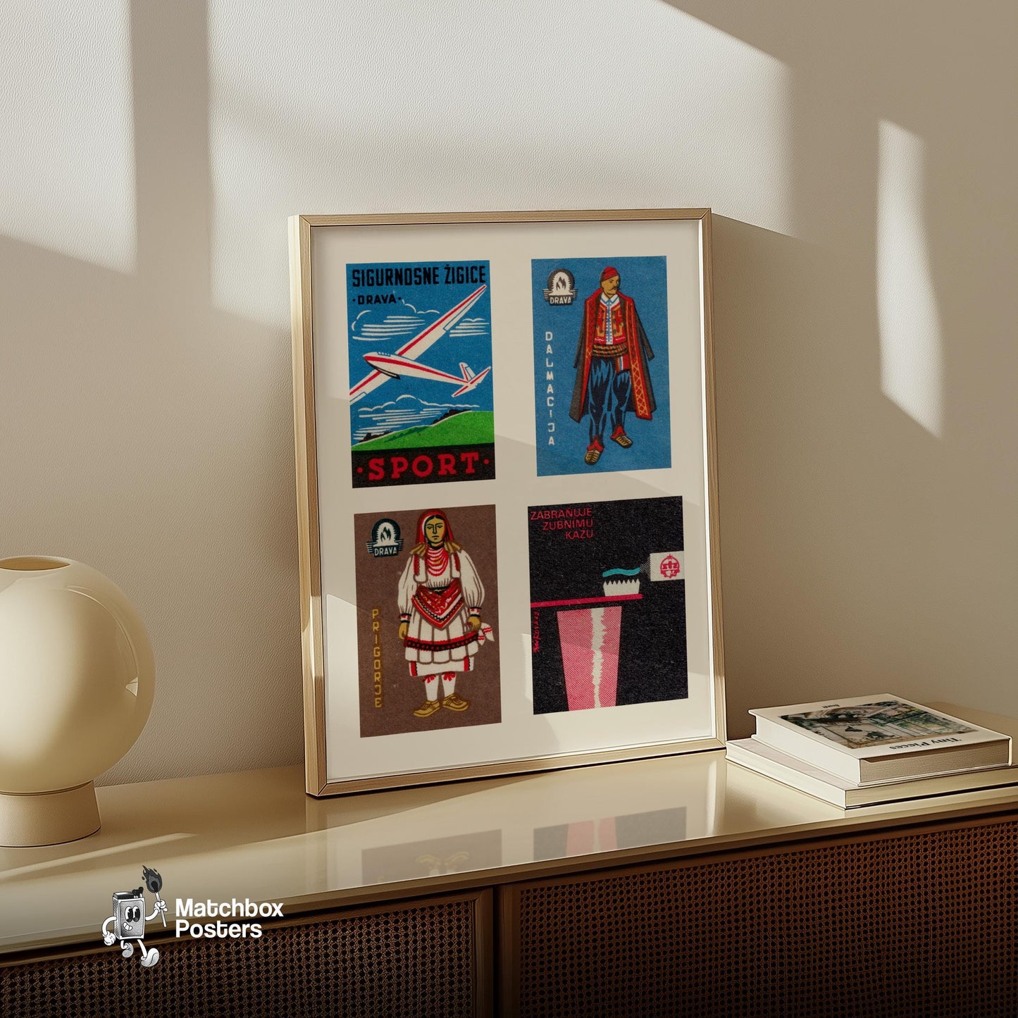 Red Croatians Grid Print - vintage matchbox label print - bedroom mockup