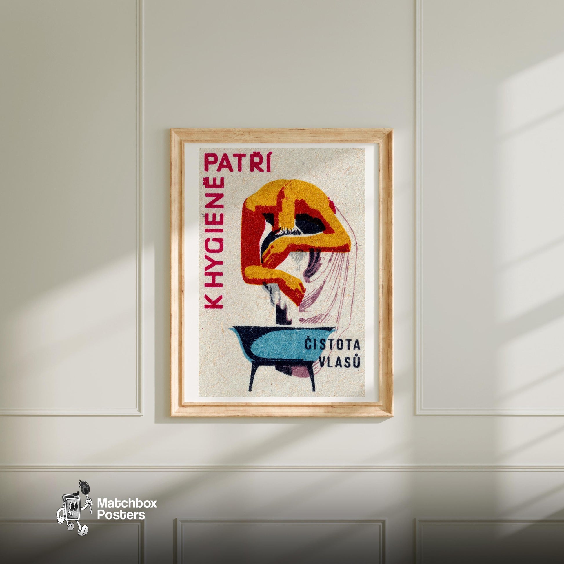 Woman Washing Hair - vintage matchbox label print - size comparison