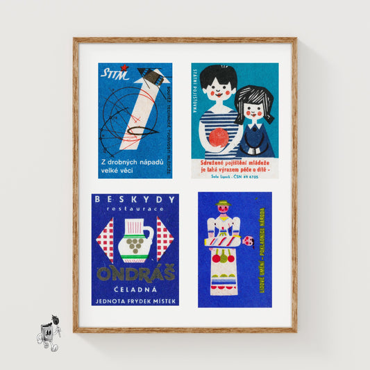 Blue & Whites Grid Print - vintage matchbox label print