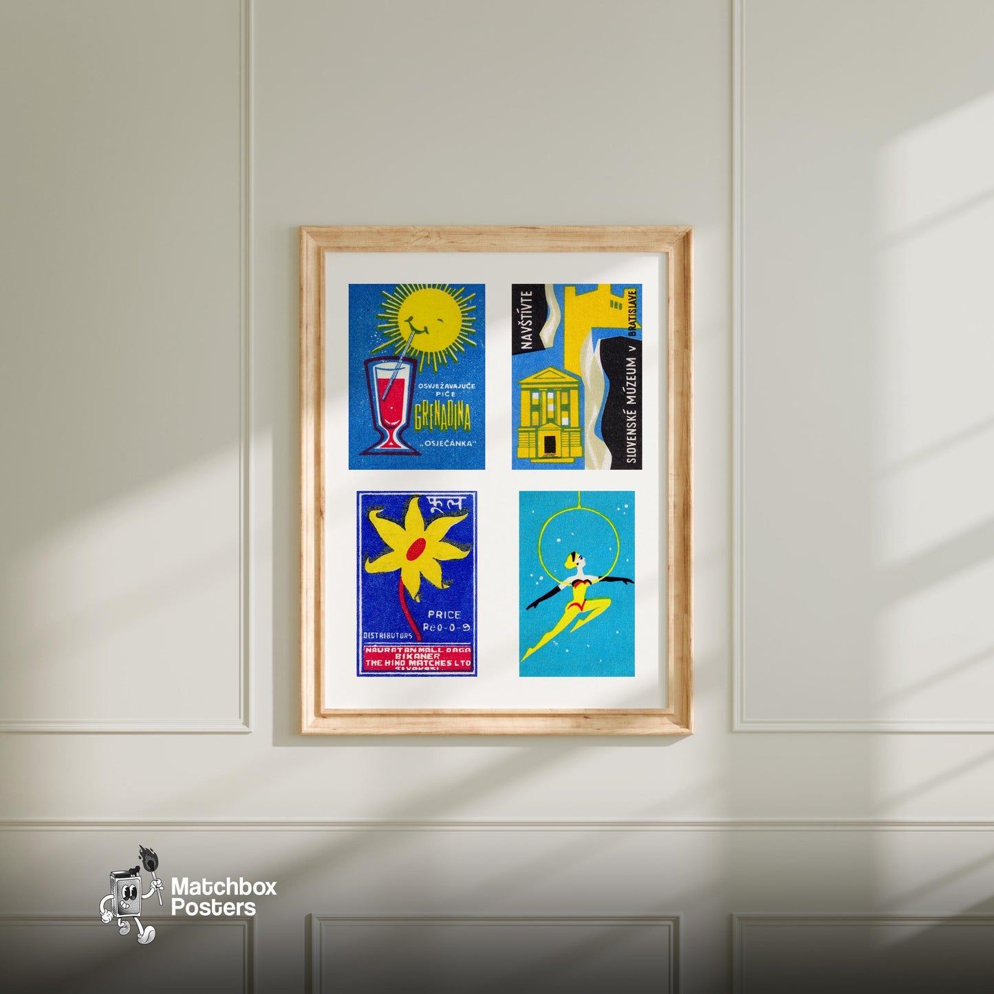 Four Vintages - vintage matchbox label print - living room mockup