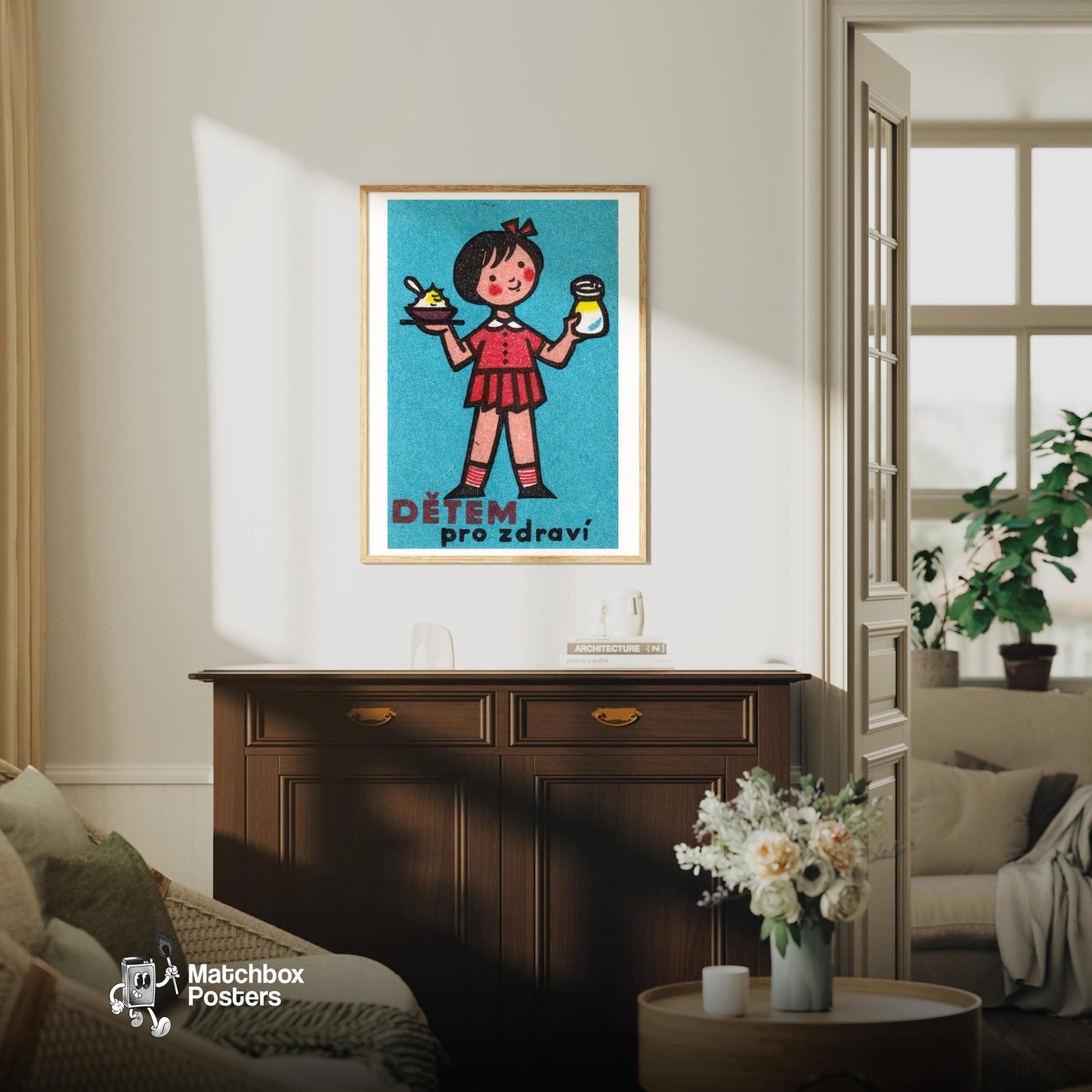 Girl with Yogurt - vintage matchbox label print - living room mockup