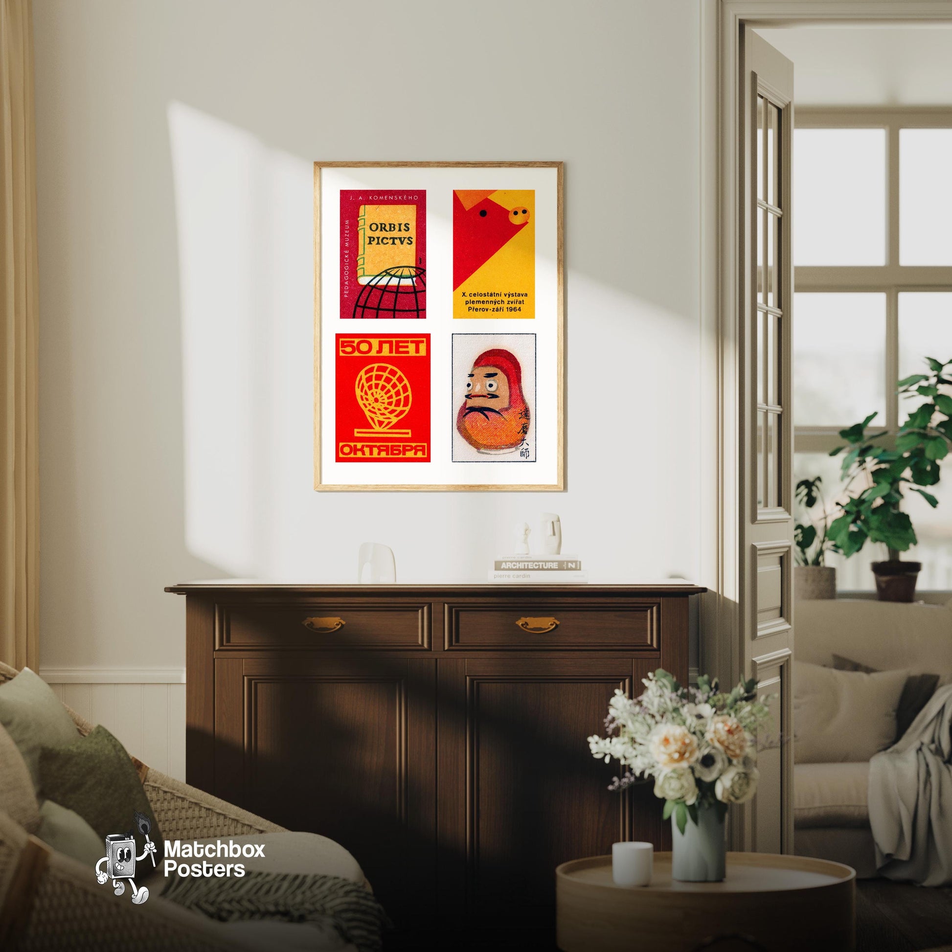 Red & Oranges Grid Print - vintage matchbox label print - framed wall art preview