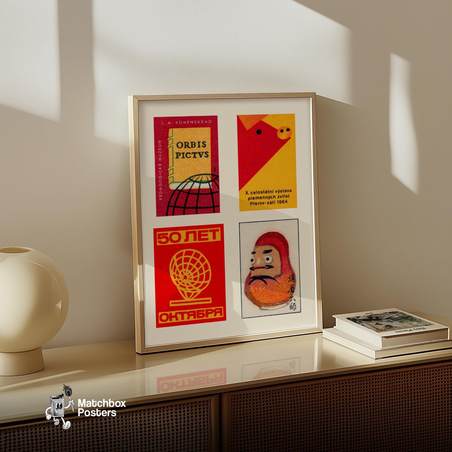 Red & Oranges Grid Print - vintage matchbox label print - bedroom mockup