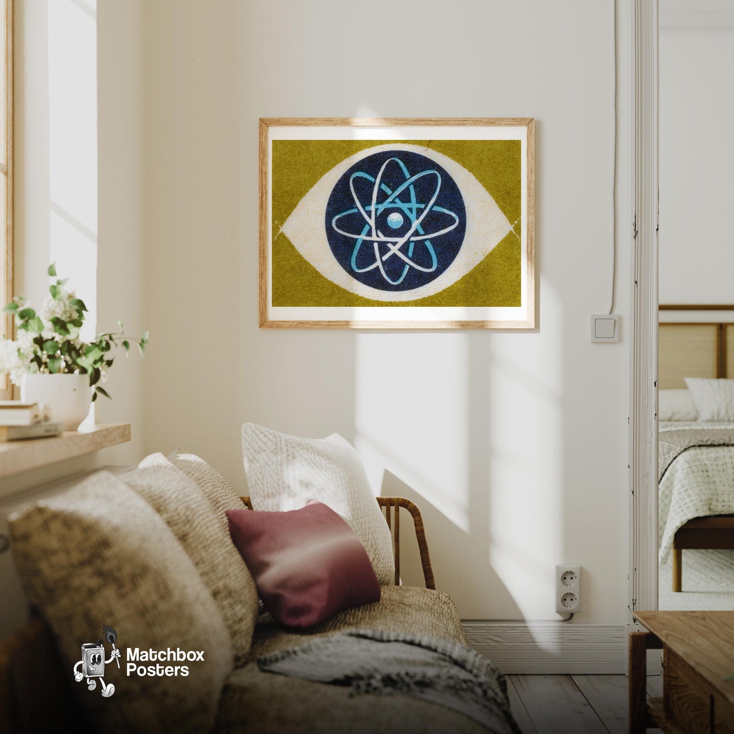 Atomic Symbol - vintage matchbox label print - living room mockup