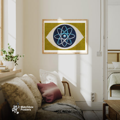 Atomic Symbol - vintage matchbox label print - living room mockup