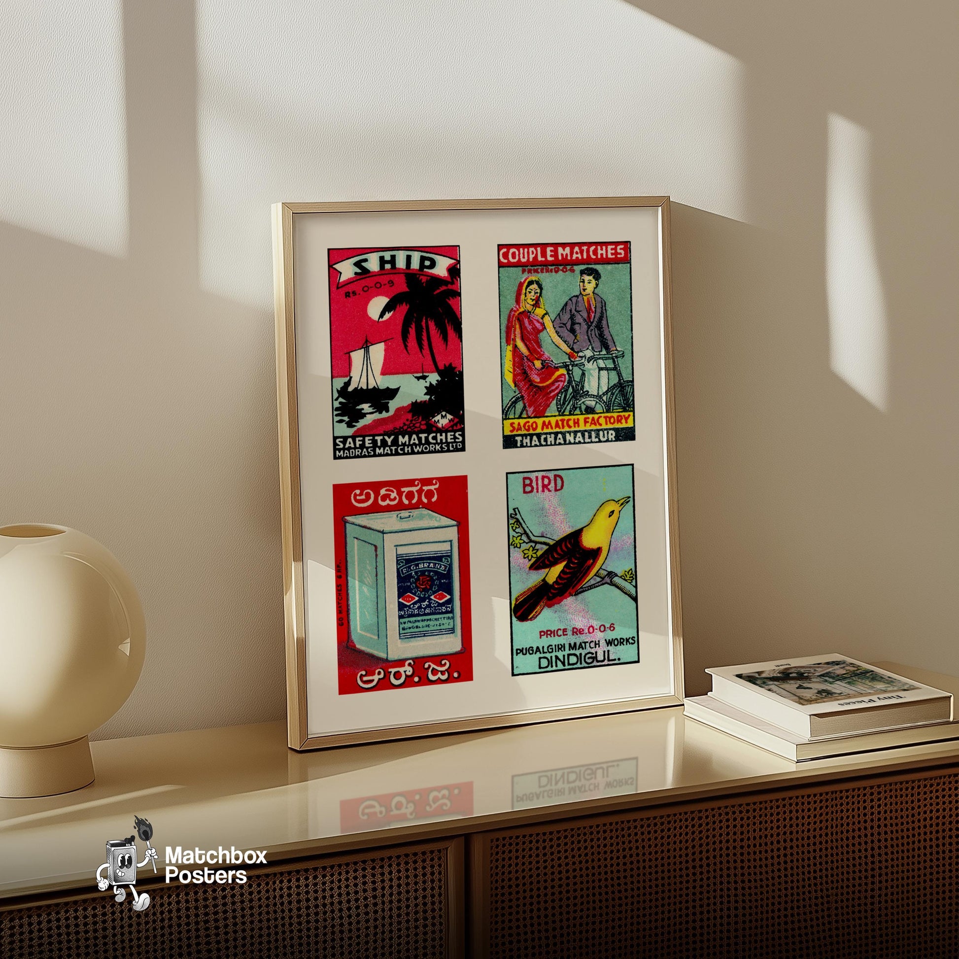 Light Blue Indians Grid Print - vintage matchbox label print - bedroom mockup