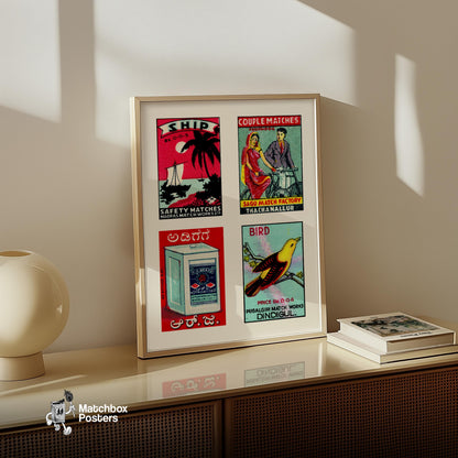 Light Blue Indians Grid Print - vintage matchbox label print - bedroom mockup