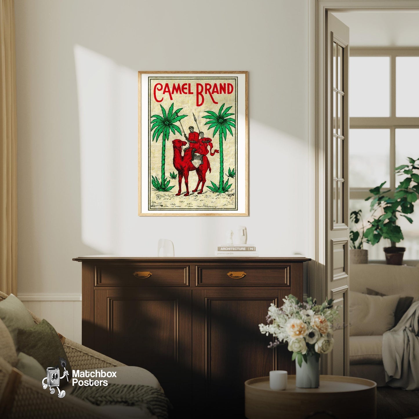Red Camel - vintage matchbox label print - living room mockup