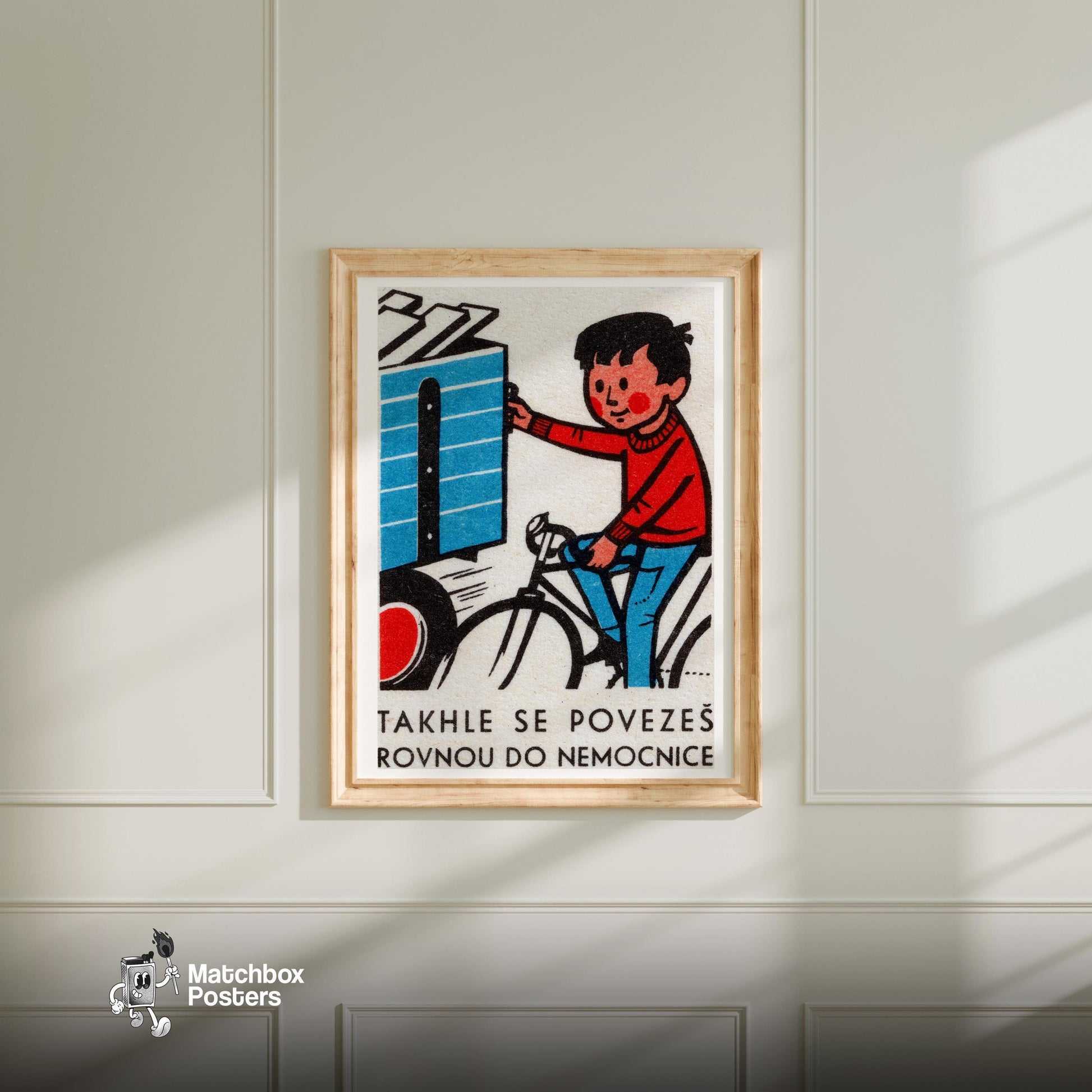 Boy on Bicycle - vintage matchbox label print - bedroom mockup