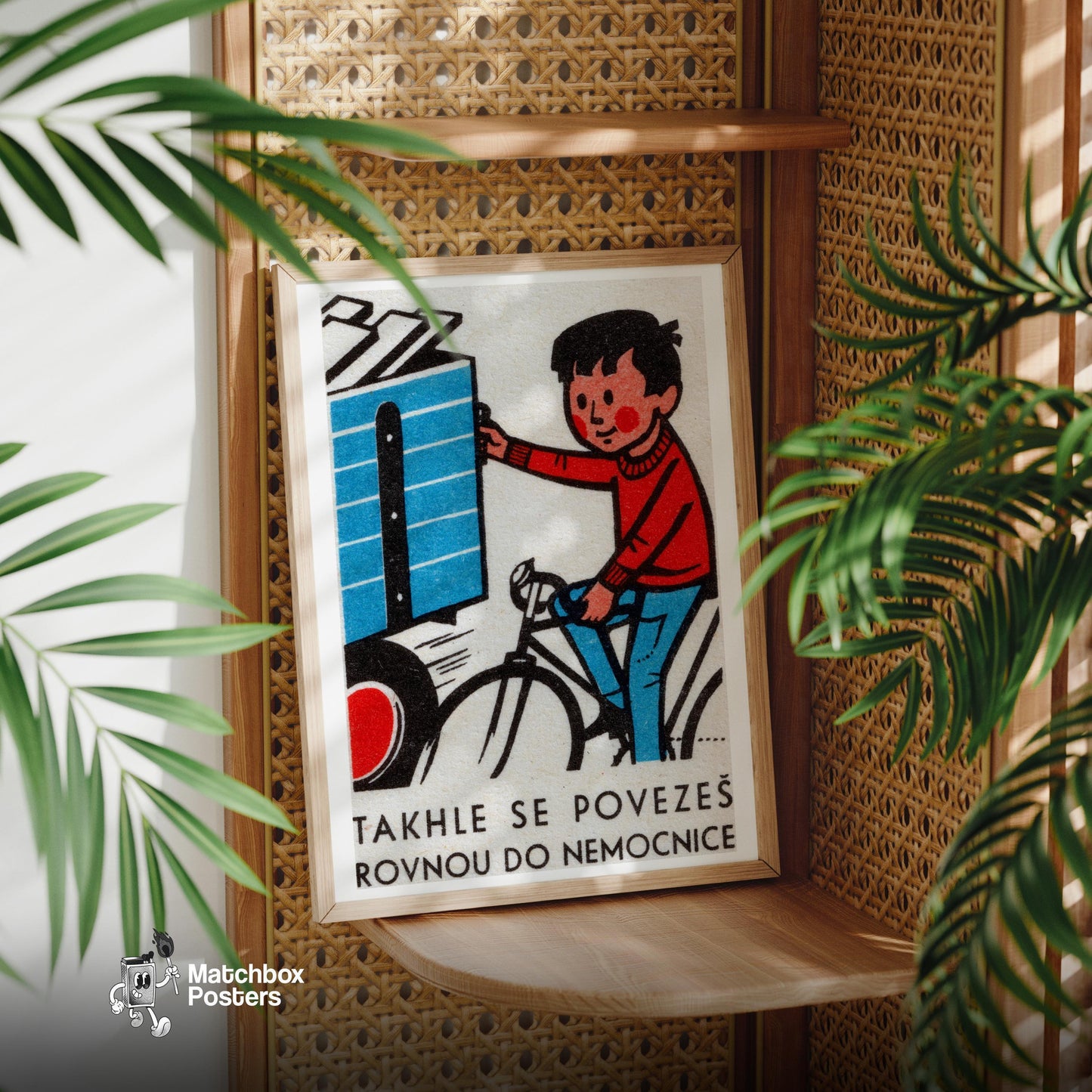 Boy on Bicycle - vintage matchbox label print - office wall