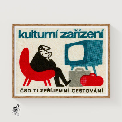 Person Watching TV - vintage matchbox label print
