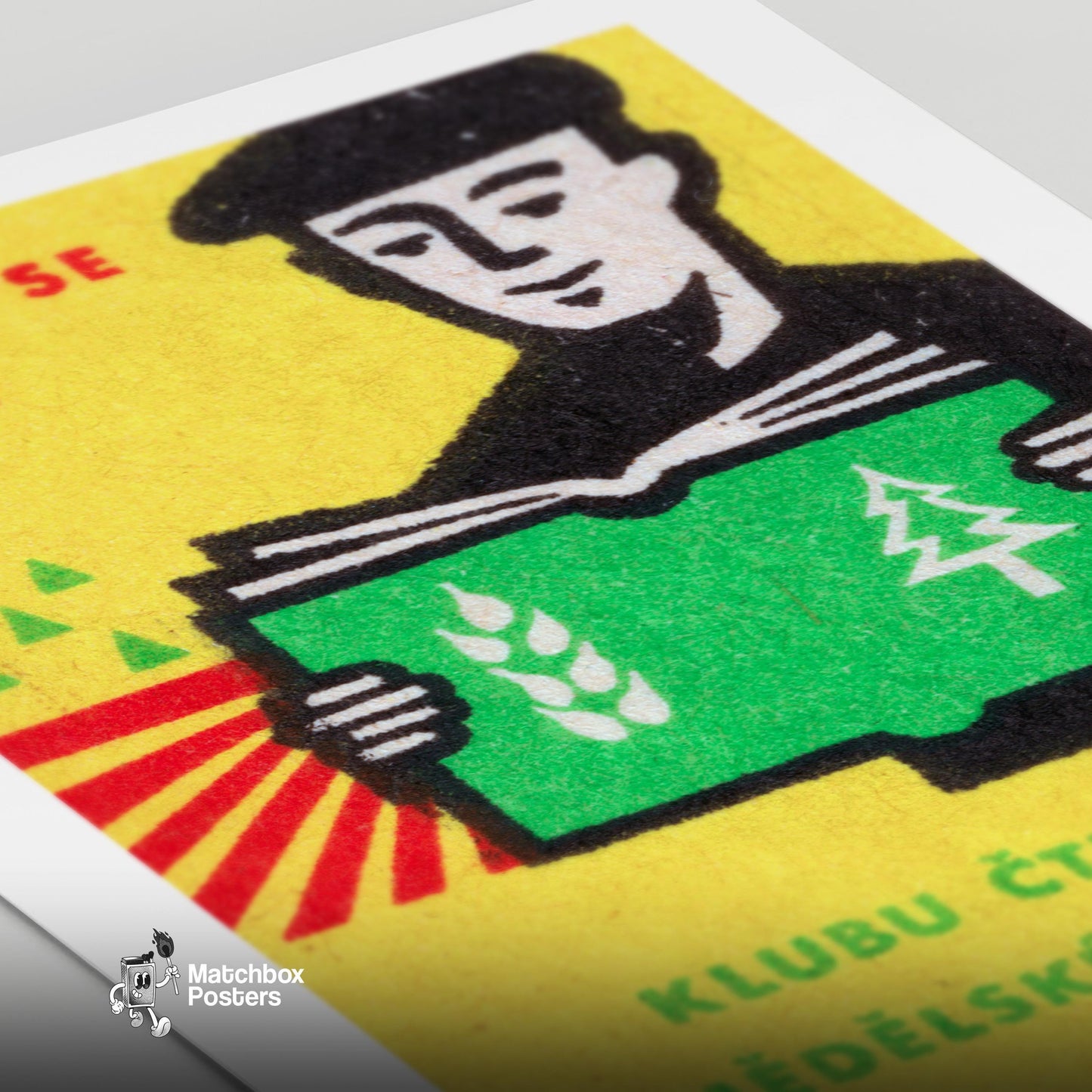 Man Reading Book - vintage matchbox label print - close-up detail