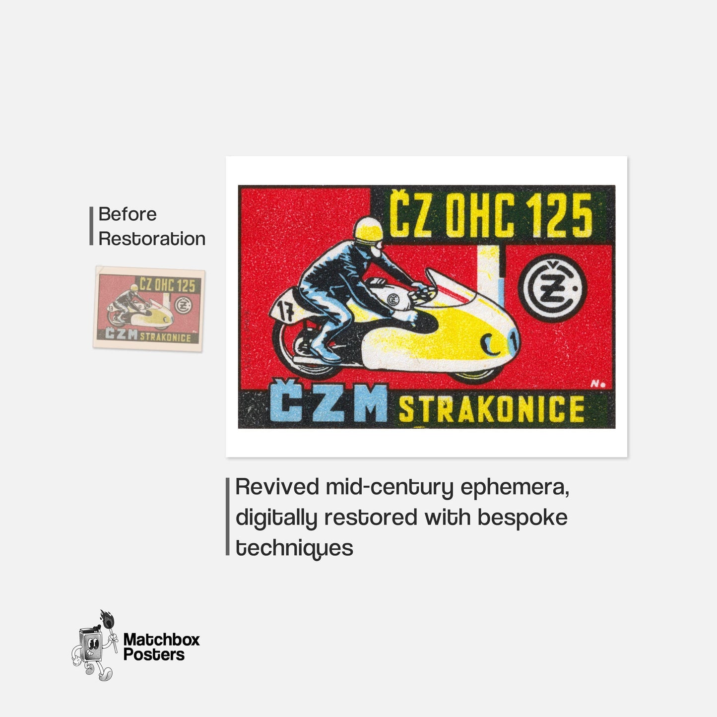 Motorcycle Racer - vintage matchbox label print - framed wall art preview