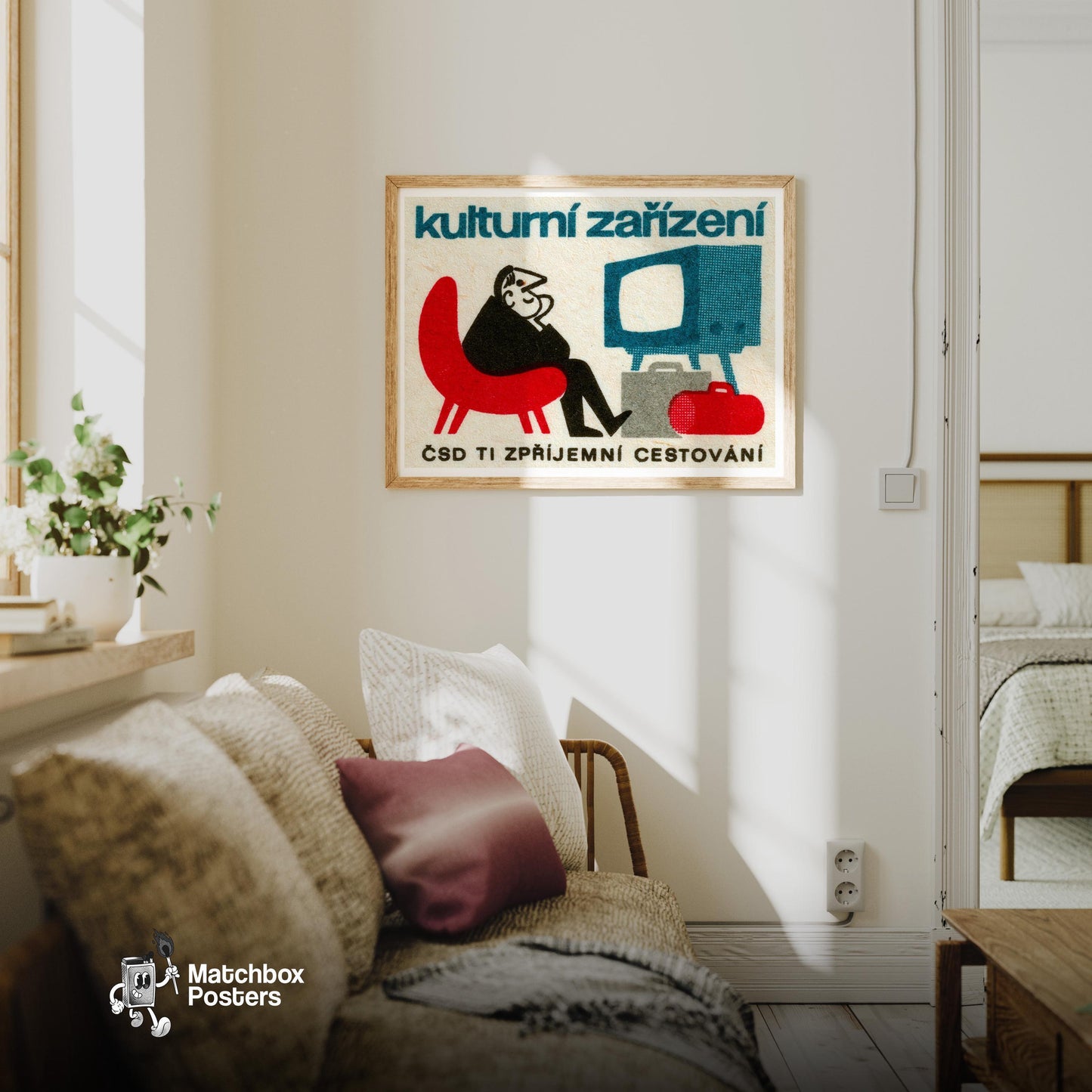 Person Watching TV - vintage matchbox label print - living room mockup