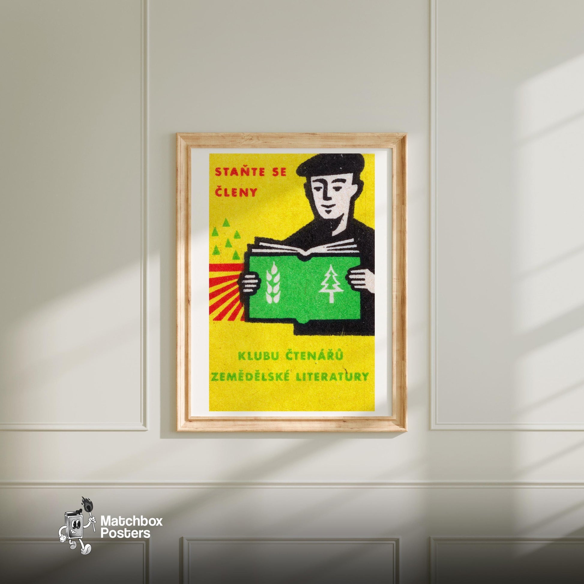 Man Reading Book - vintage matchbox label print - bedroom mockup
