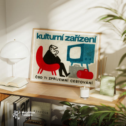 Person Watching TV - vintage matchbox label print - office wall