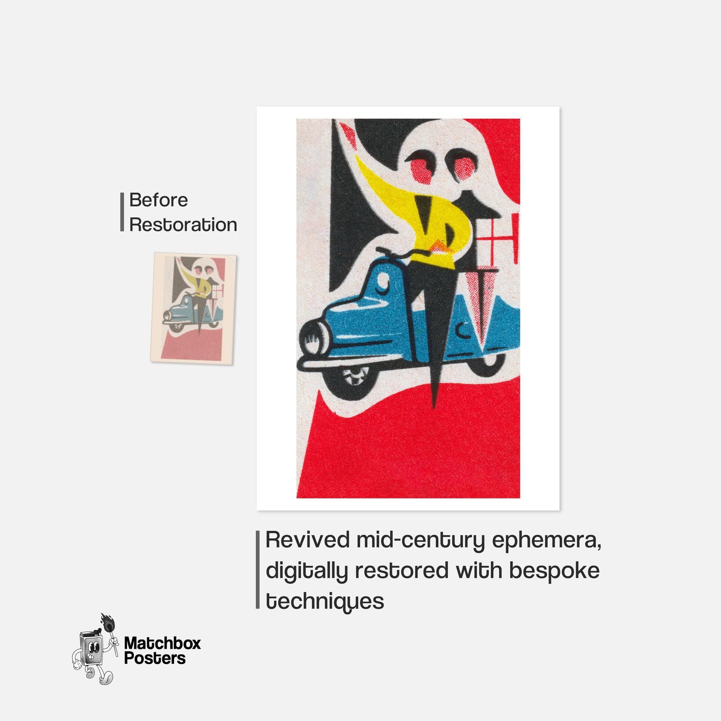 Couple on Vespa - vintage matchbox label print - framed wall art preview
