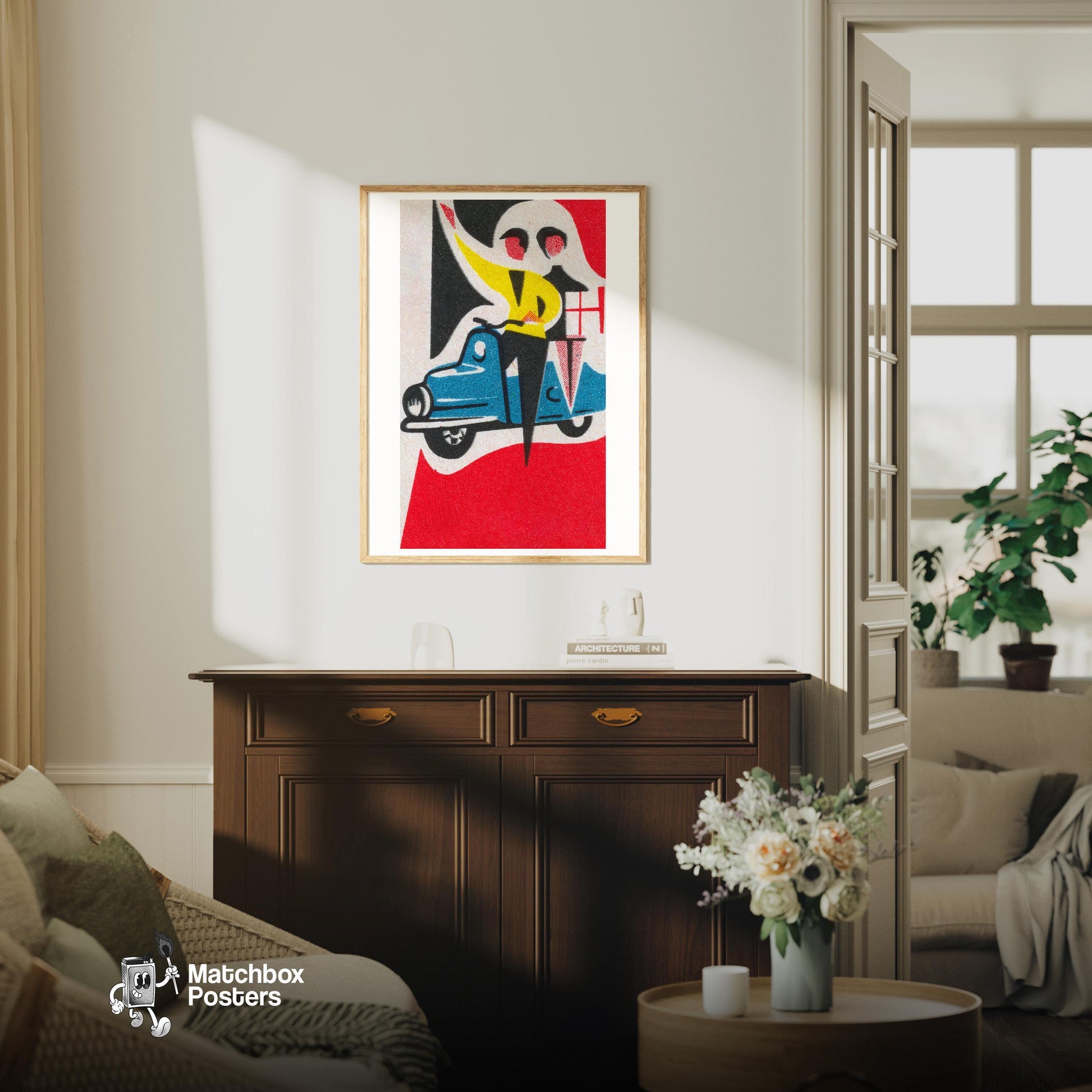 Couple on Vespa - vintage matchbox label print - living room mockup